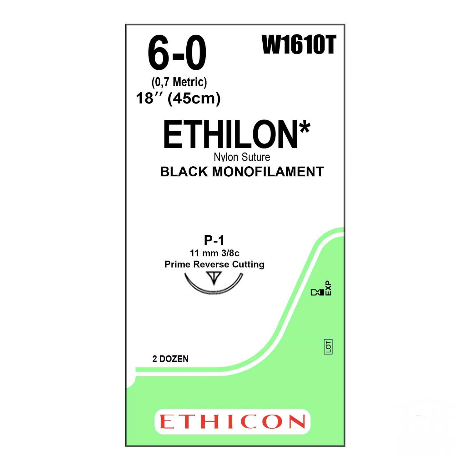 Ethilon Suture J&J Nylon 6/0, with 11mm reverse cutting prime needle, 3/8c, 45cm length