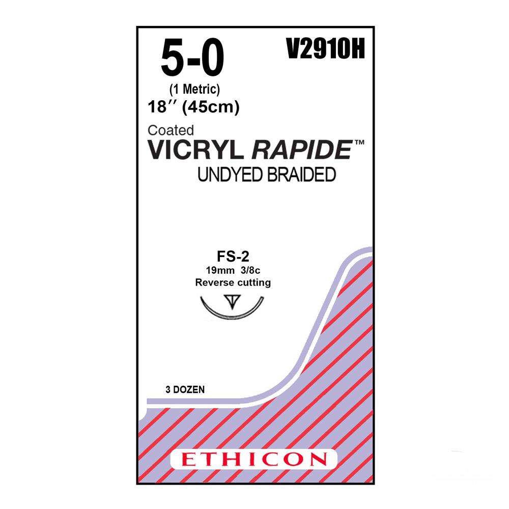 Vicryl Rapide absorbable Suture No 5/0, 19mm, reverse cutting needle, 45cm, 3/8c