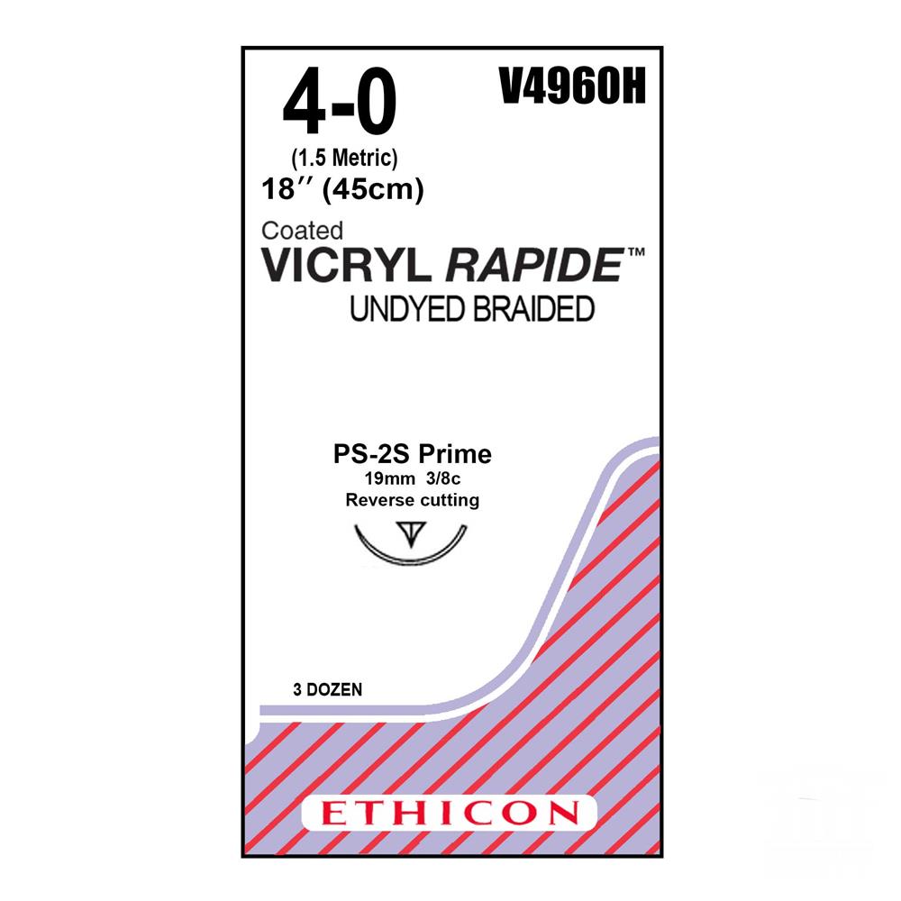 Vicryl Rapide absorbable Suture No 4/0, 19mm, reverse cutting prime needle, 3/8c, 45cm length