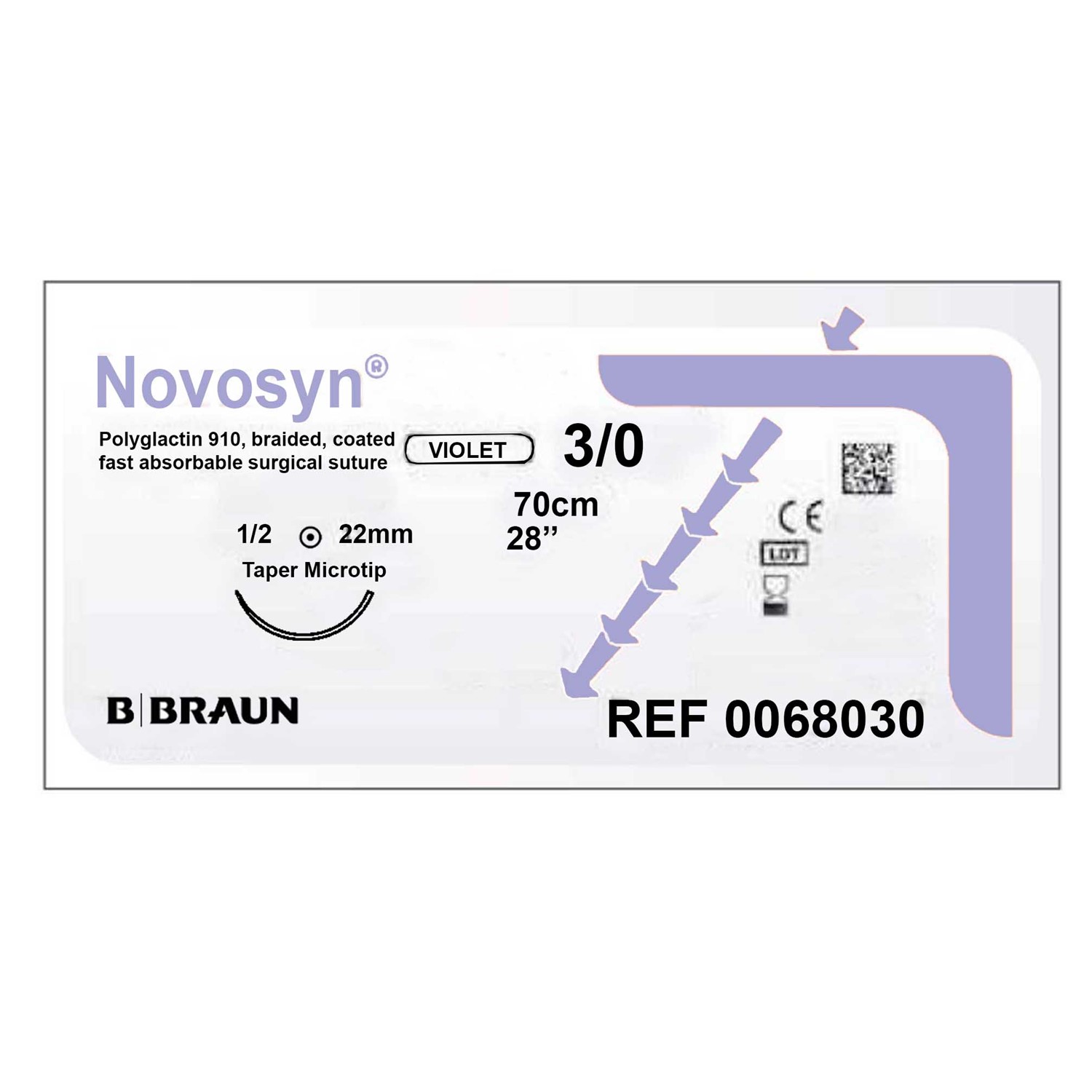 Ράμμα απορροφήσιμο Novosyn Violet B.Braun No 3/0 με στρογγυλή βελόνα 22mm, 1/2c, μήκος ράμματος 70cm