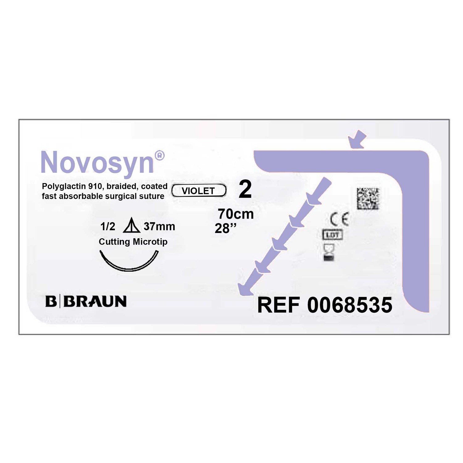 Suture Novosyn Violet B.Braun No 2 Round Bodied Needle, 37mm, 1/2c, 70cm length