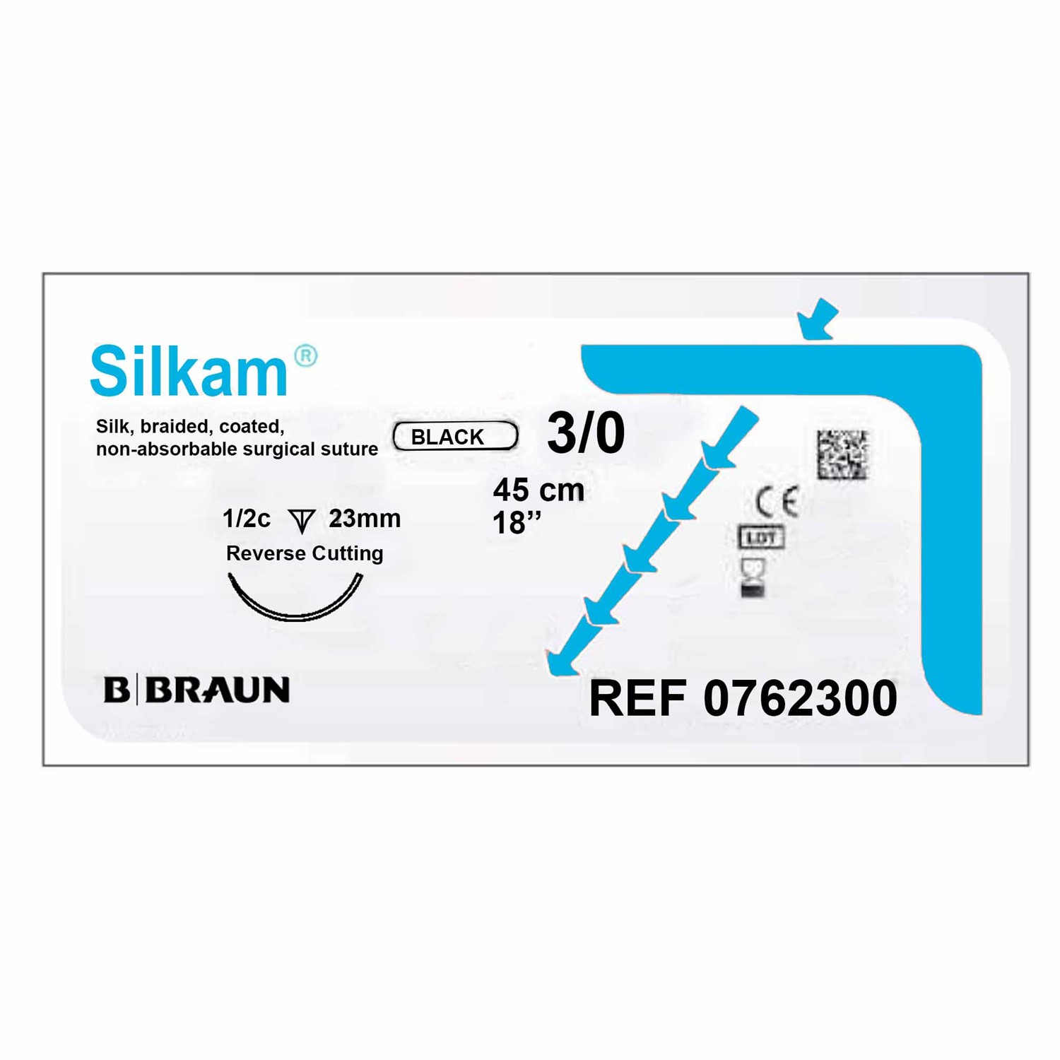 Silkam B.Braun Black Suture, non-absorbable, 3/0, with 23mm Reverse cutting needle, 1/2c, 45cm length