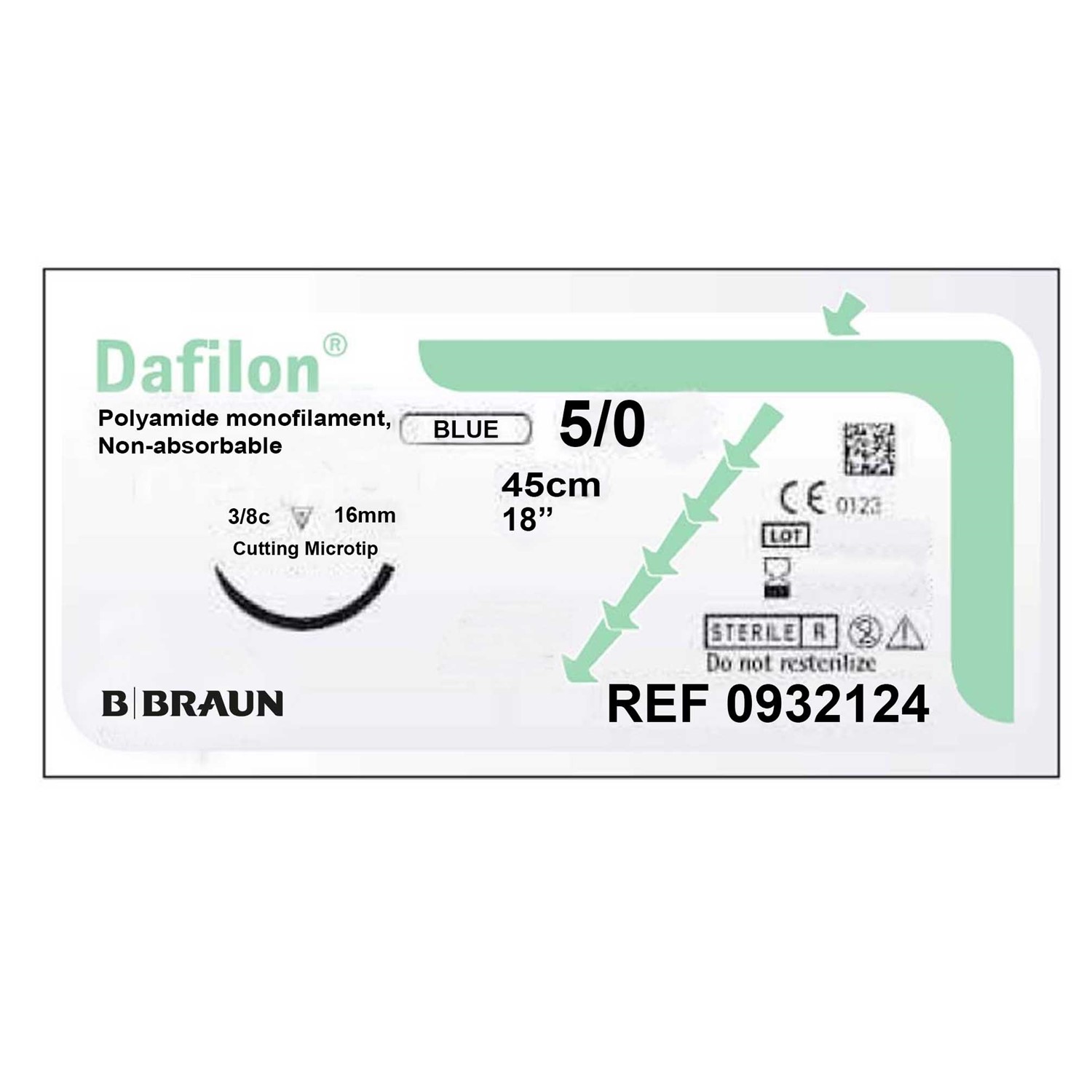 Dafilon B.Braun nylon suture 5/0, 45cm, with 16mm reverse cutting needle, 3/8c