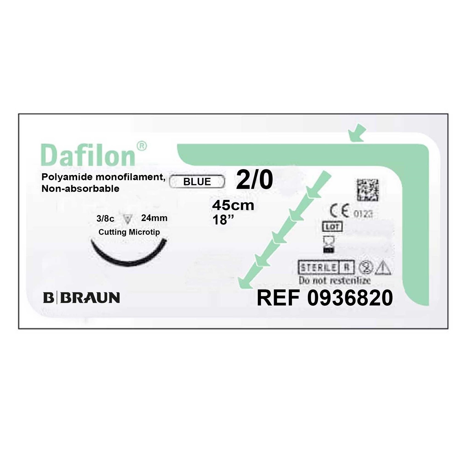 Dafilon B.Braun Blue 2/0, Cutting needle, 24mm, 3/8c, 75cm length