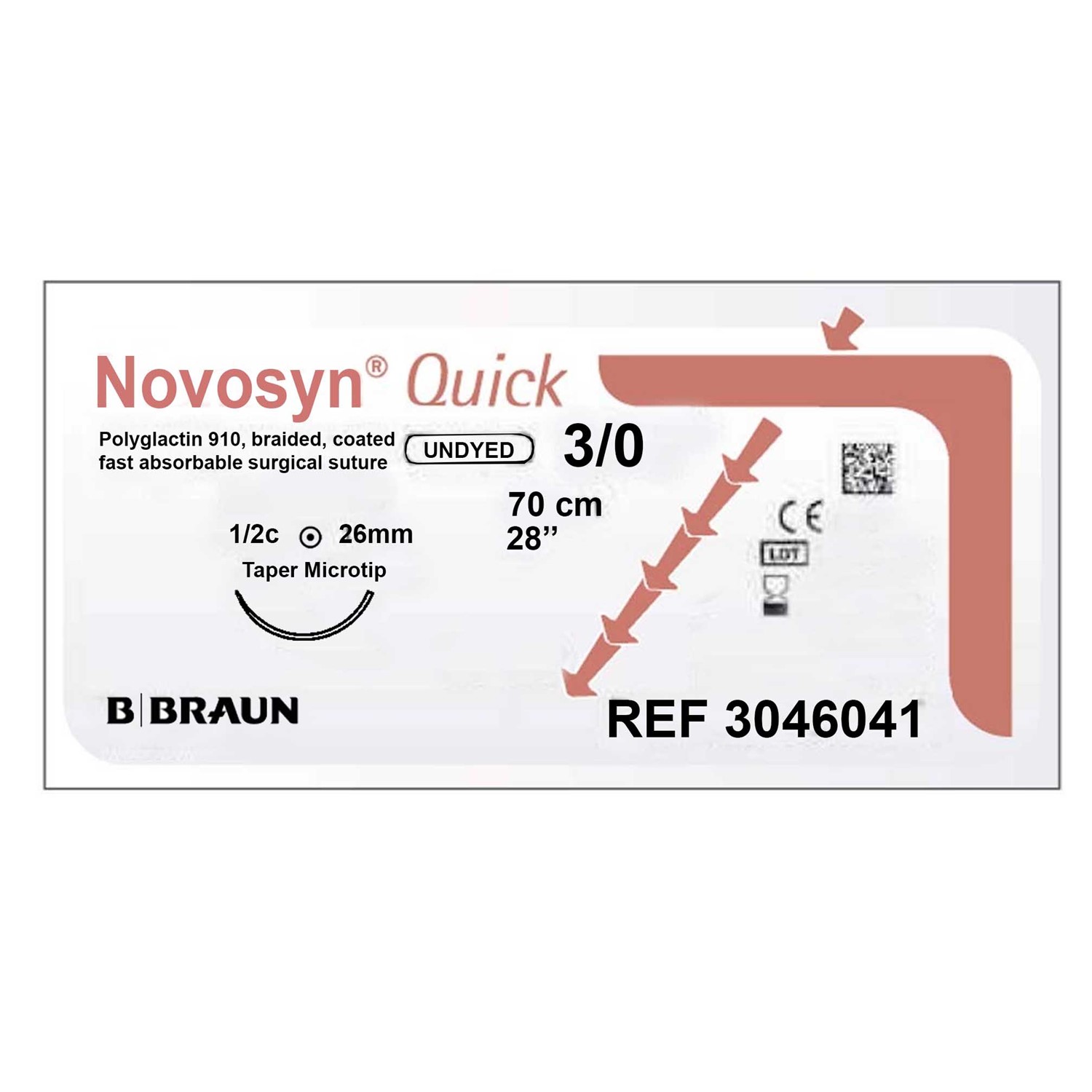 Suture B.Braun Novosyn Quick Νο 3/0 Round Bodied Needle, 26mm, 1/2c, 70cm length