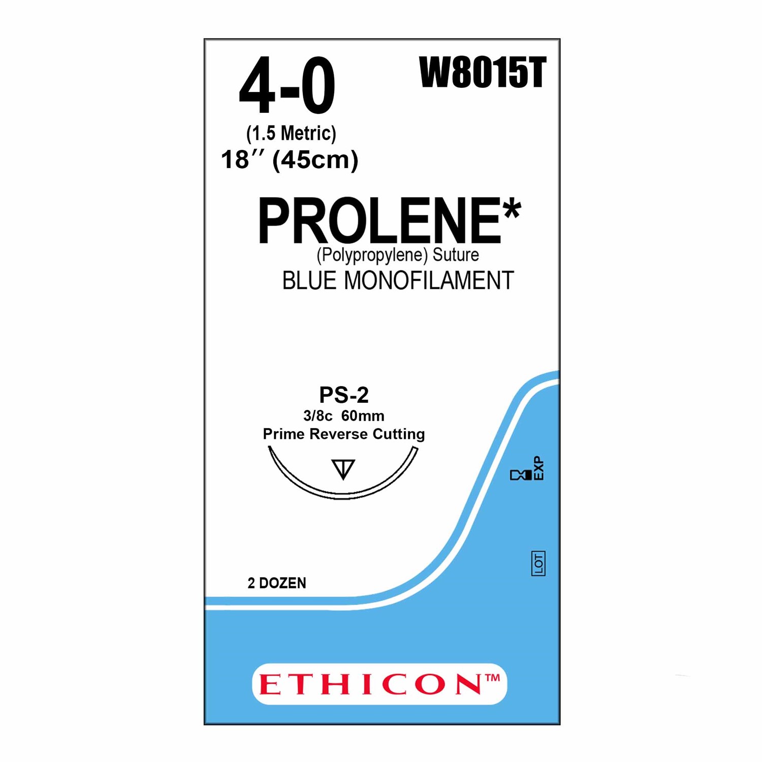 Prolene Suture J&J Polypropylene No 4/0 with 60mm reverse cutting prime needle, 3/8c, 45cm length