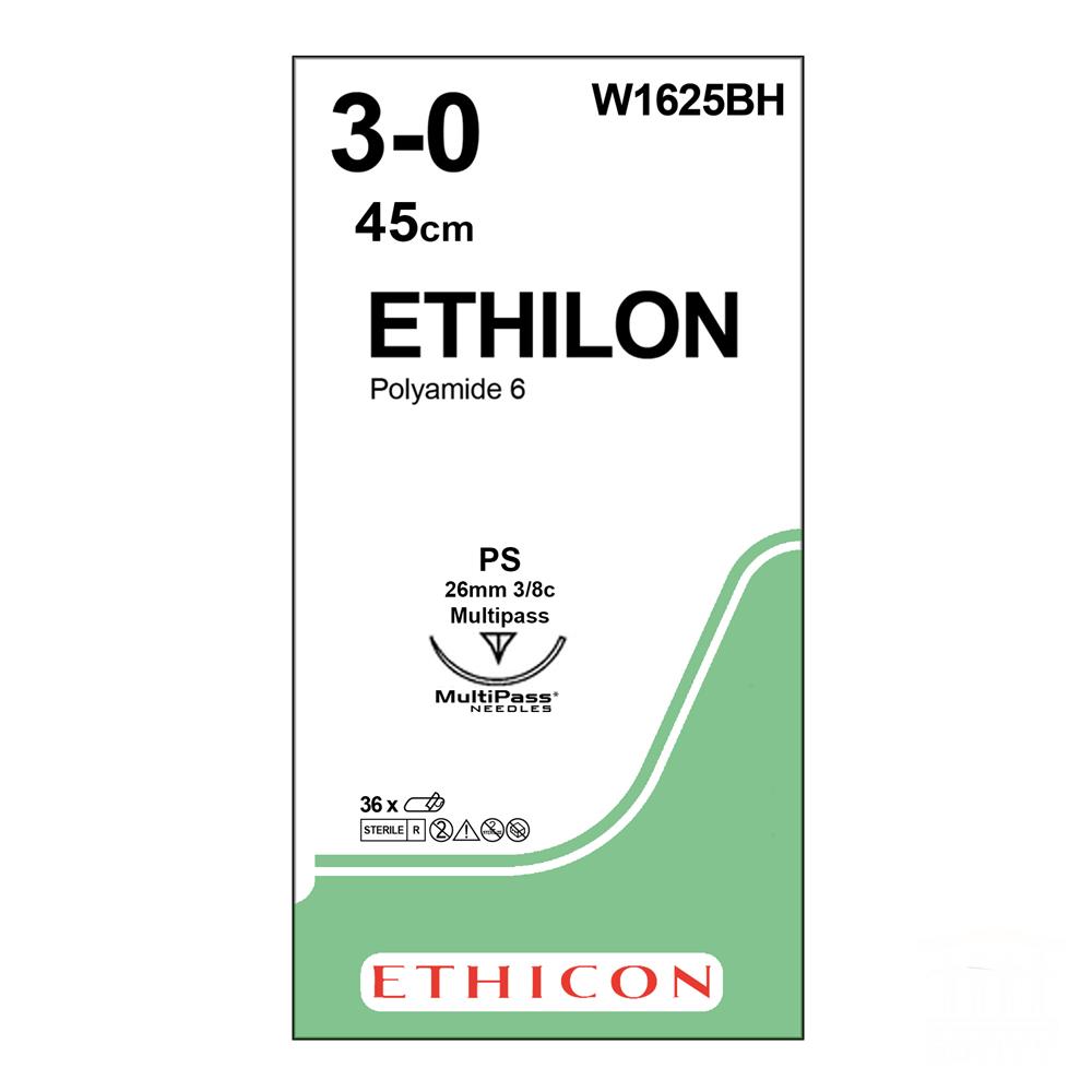 Ethilon Suture J&J Nylon No 3/0, with 26mm reverse cutting needle, 3/8c (P MultiPass), 45cm length