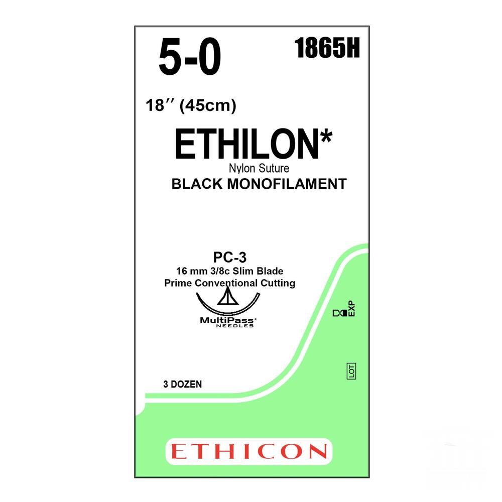 Ethilon Suture J&J Nylon No 5/0, with 16mm Conventional Cutting Prime Needle Multipass, 3/8c, 45cm length