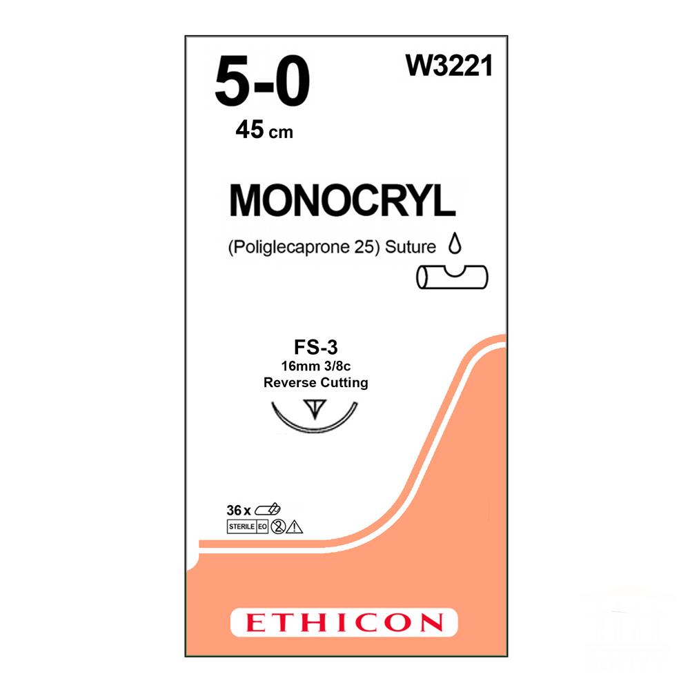 Monocryl Suture J&J  5/0, 16mm reverse cutting 3/8c needle, 45cm length