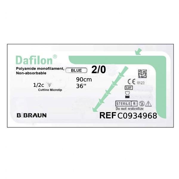 Dafilon B.Braun nylon suture 2/0, 26mm reverse cutting needle, 1/2c, 90cm length