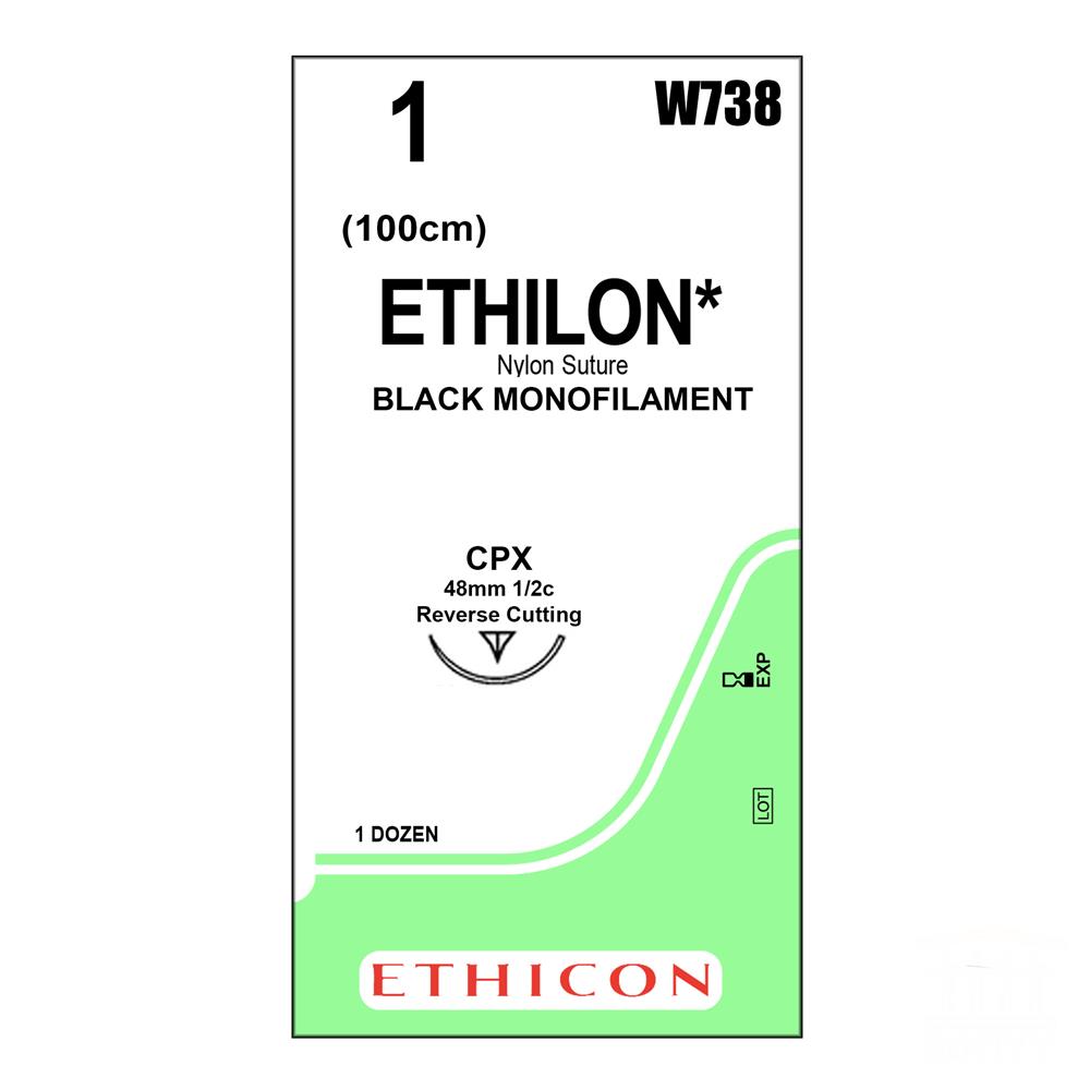 Ethilon Suture J&J No1, with reverse cutting needle 48mm, 1/2c, 100cm length