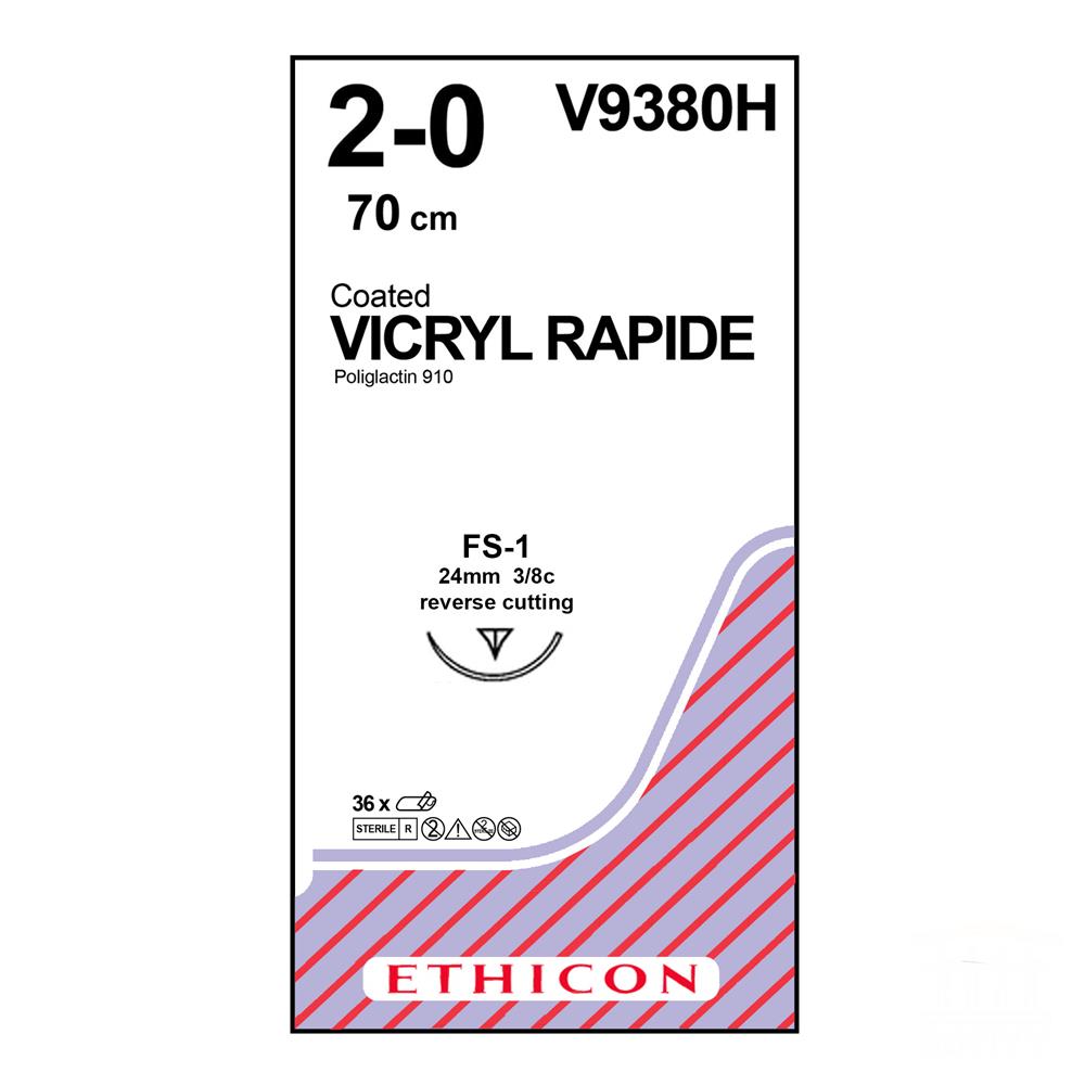 Vicryl Rapide No 2/0, with 24mm reverse cutting prime needle, 3/8c, 70cm length