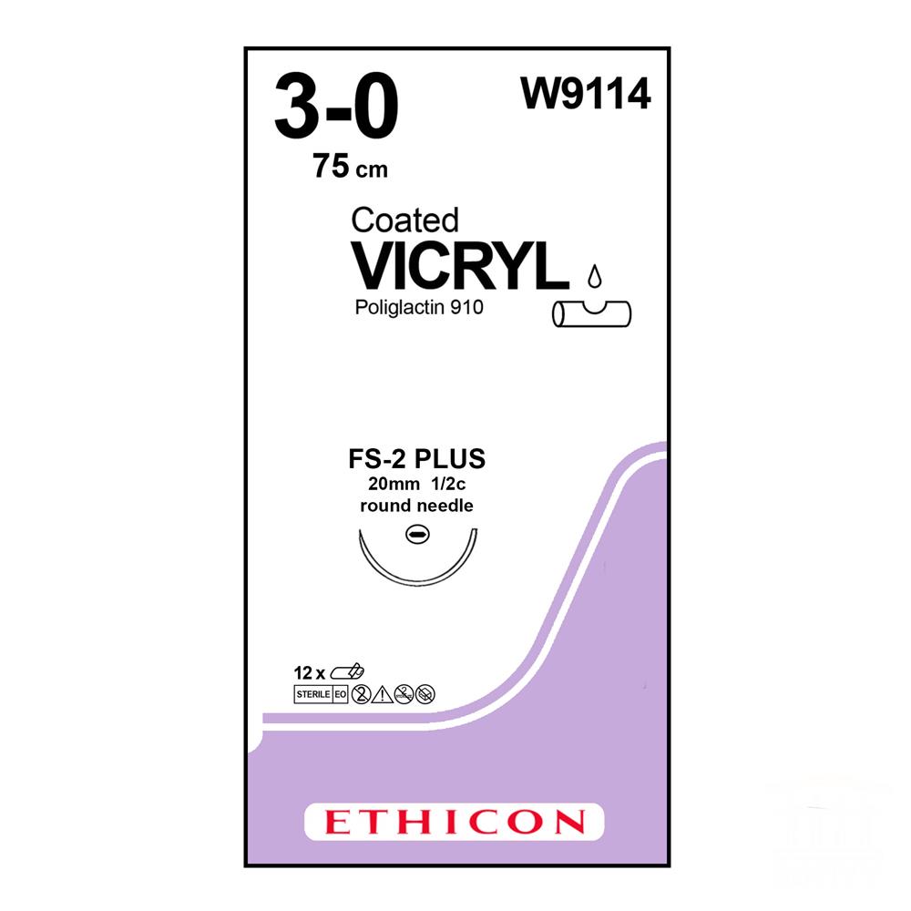 Vicryl Suture J&J 3/0, with round body tapper point needle 20mm, 1/2c, 75cm length